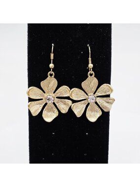 Gold-Tone Cherry Blossom Flower Drop Earrings With Rhinestone Center 2"